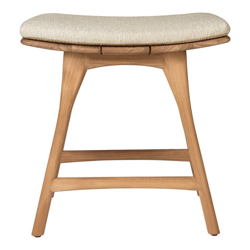 Natural wood stool with a light beige fabric cushion, featuring a sleek, minimalist design.