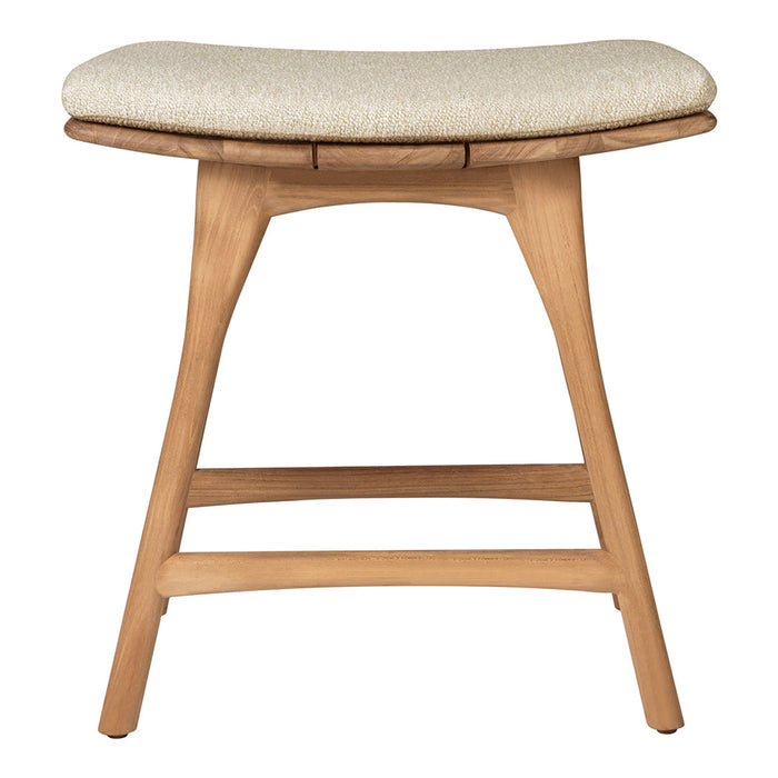Natural wood stool with a light beige fabric cushion, featuring a sleek, minimalist design.