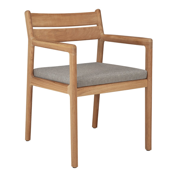 Light wood armchair with a natural finish and gray fabric cushion, featuring a minimalist design and clean lines.