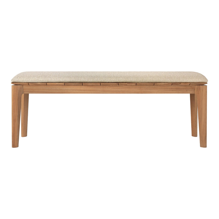 Light beige fabric upholstery on a natural wood bench with sleek lines and a minimalist design. Perfect for modern decor.