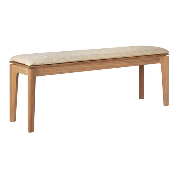 Light beige upholstered bench with natural wood legs, featuring a smooth, minimalist design.
