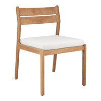 Natural wood chair with a light beige upholstered seat, featuring a minimalist design and subtle grain patterns.