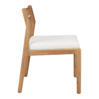 Natural wood chair with light beige fabric cushion, showcasing a minimalist design and modern, neutral color palette.
