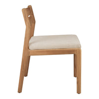Light wood chair with a natural finish and a textured beige seat cushion. Modern and minimalist design.