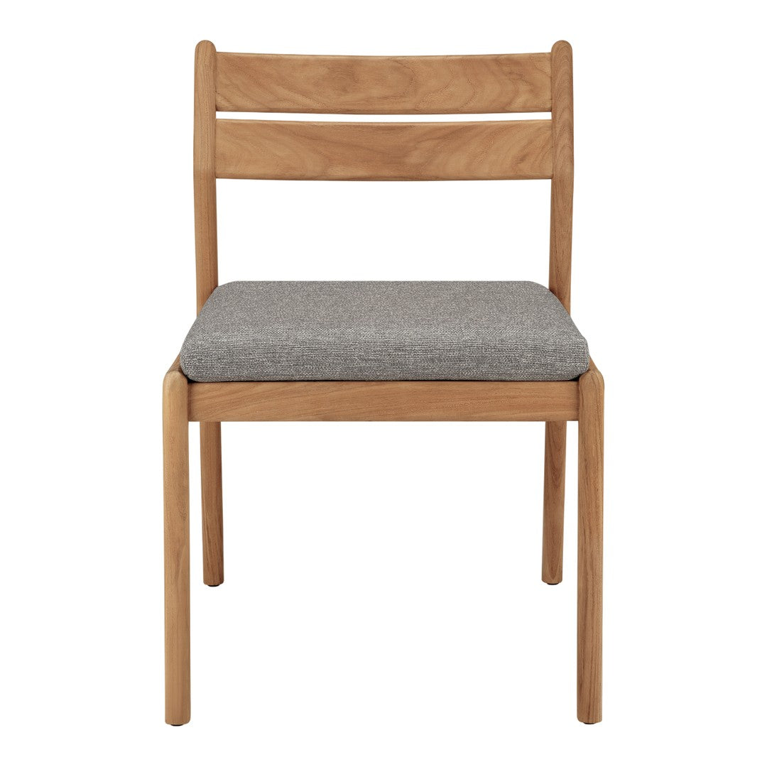Light wood chair with a smooth, warm finish and a textured gray fabric seat cushion. Minimalist design.