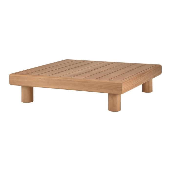 Light brown wooden coffee table with a smooth surface and simple, slatted design.