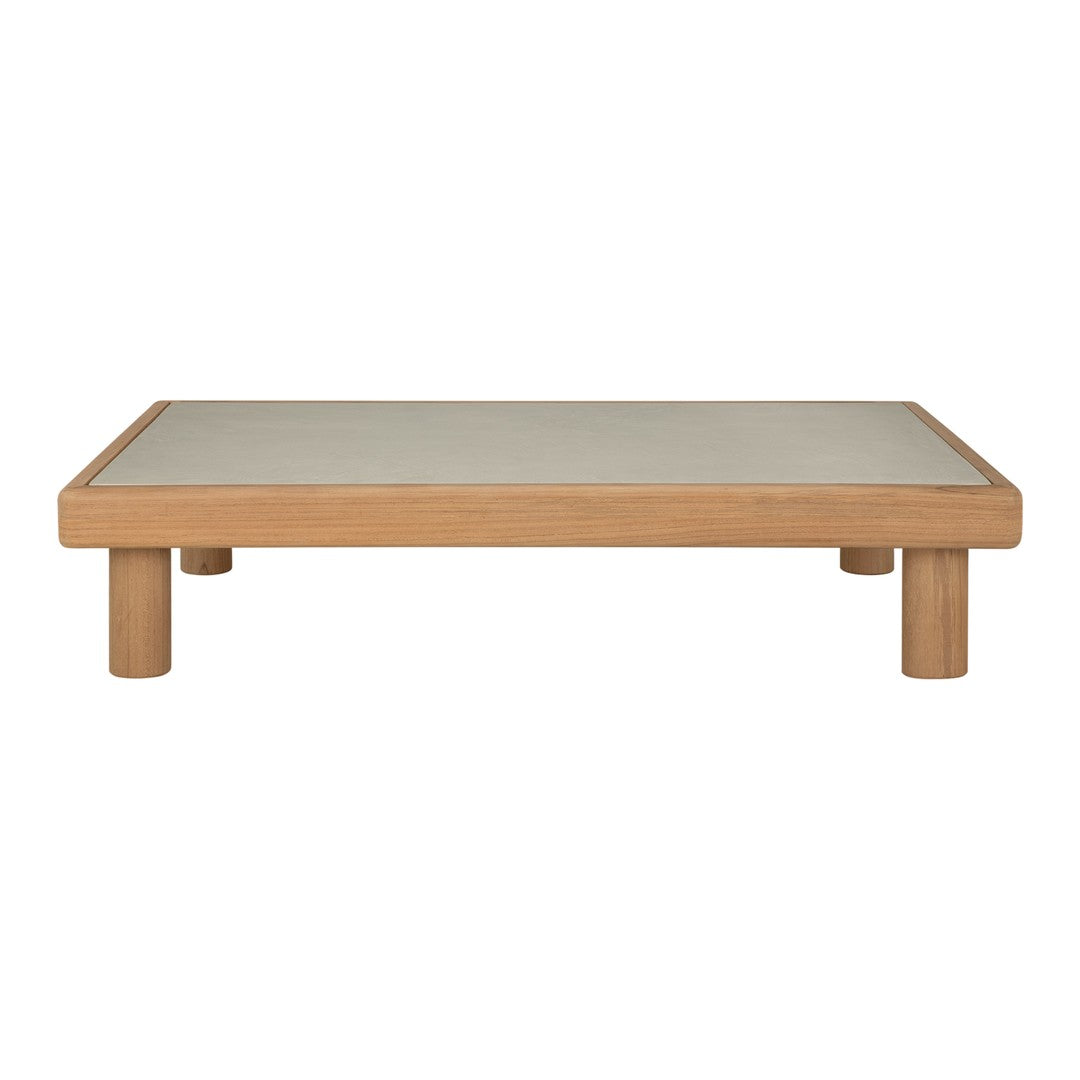 Natural wood coffee table with a light gray top and smooth, minimalist design, featuring clean lines and rounded legs.
