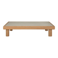 Natural wood coffee table with a light gray top and smooth, minimalist design, featuring clean lines and rounded legs.