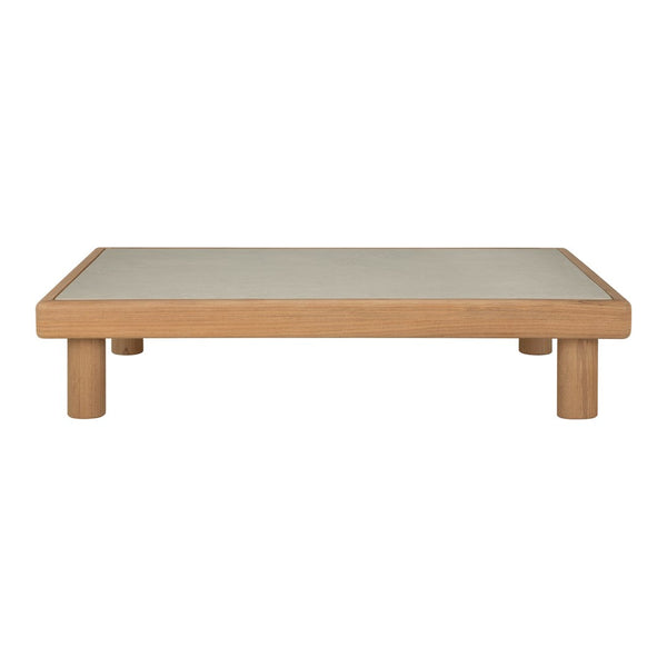 Natural wood coffee table with a light gray top and smooth, minimalist design, featuring clean lines and rounded legs.
