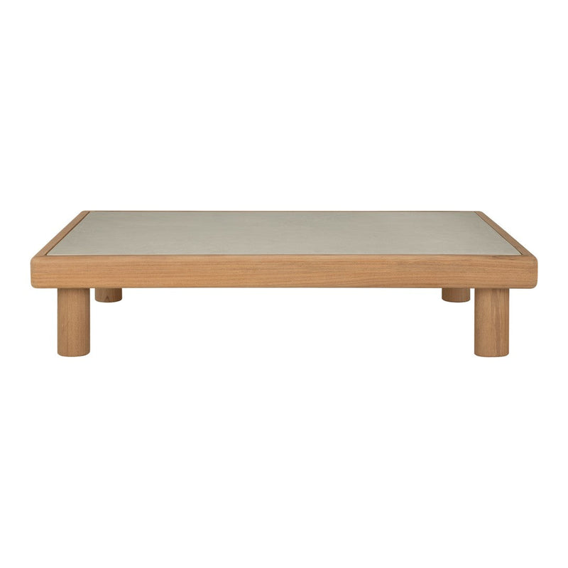 Natural wood coffee table with a light gray top and smooth, minimalist design, featuring clean lines and rounded legs.