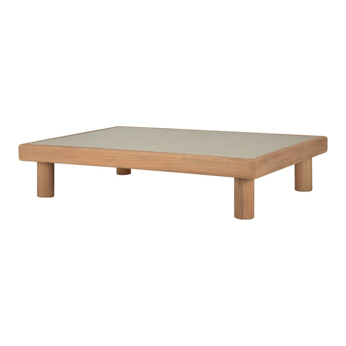 Light wood coffee table with a smooth, neutral-toned top and simple, minimalist design.