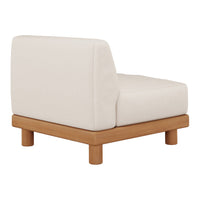 Cream upholstered chair with a light wood base, featuring a minimalist design and smooth, solid color pattern.