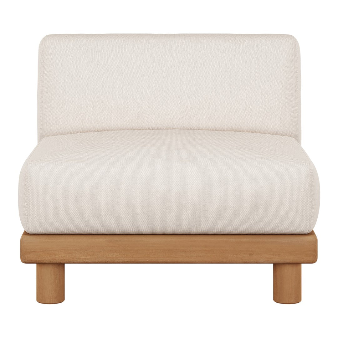 Beige upholstery with a smooth texture, set on a light wood base, creating a minimalist design aesthetic.
