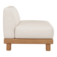 Cream-colored sofa with a smooth texture, featuring a minimalist design and natural wood base.