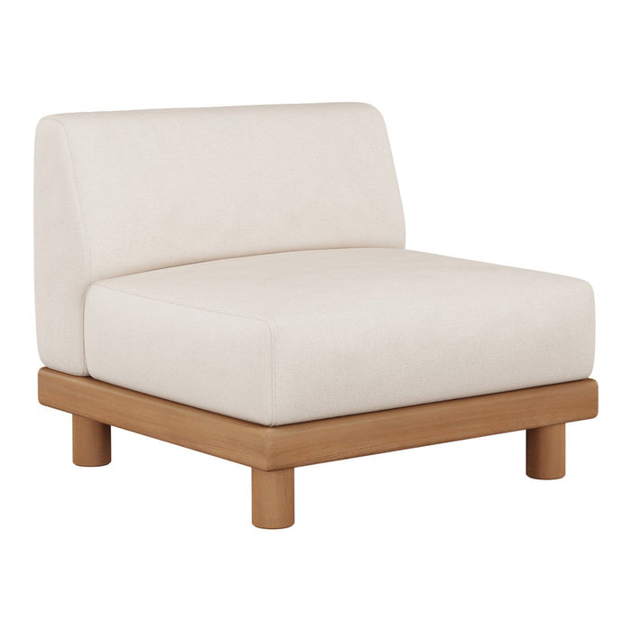 Cream upholstered chair with a minimalist design and natural wood base, perfect for modern living spaces.
