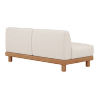 Light beige fabric sofa with a minimalist design and natural wood base, featuring clean lines and modern aesthetic.