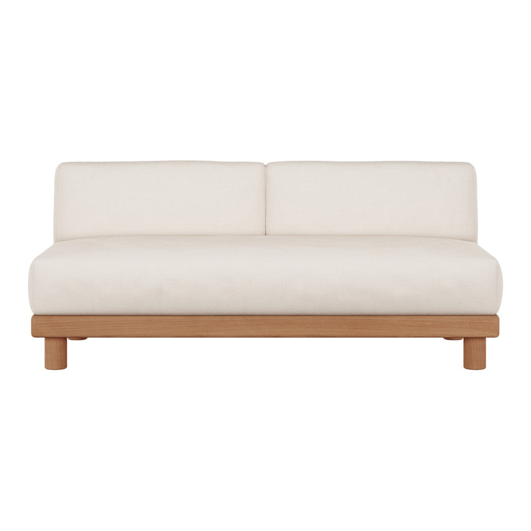 Cream-colored sofa with a minimalist design and natural wood legs, featuring a simple, smooth texture.