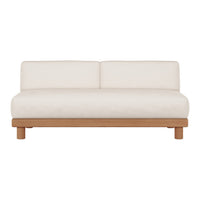 Cream-colored sofa with a minimalist design and natural wood legs, featuring a simple, smooth texture.
