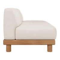 Neutral cream upholstery with subtle texture, paired with natural wood base for a modern, minimalist look.