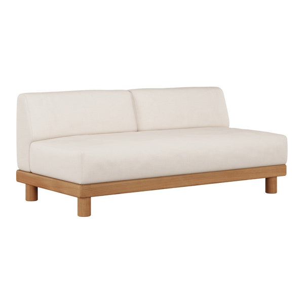 Cream-colored minimalist sofa with a smooth upholstery and natural wood base. Ideal for modern decor styles.