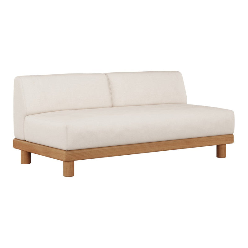 Cream-colored minimalist sofa with a smooth upholstery and natural wood base. Ideal for modern decor styles.