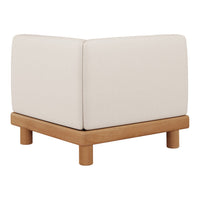 Cream-colored fabric cube ottoman with light wood legs, featuring a minimalist design and clean lines.