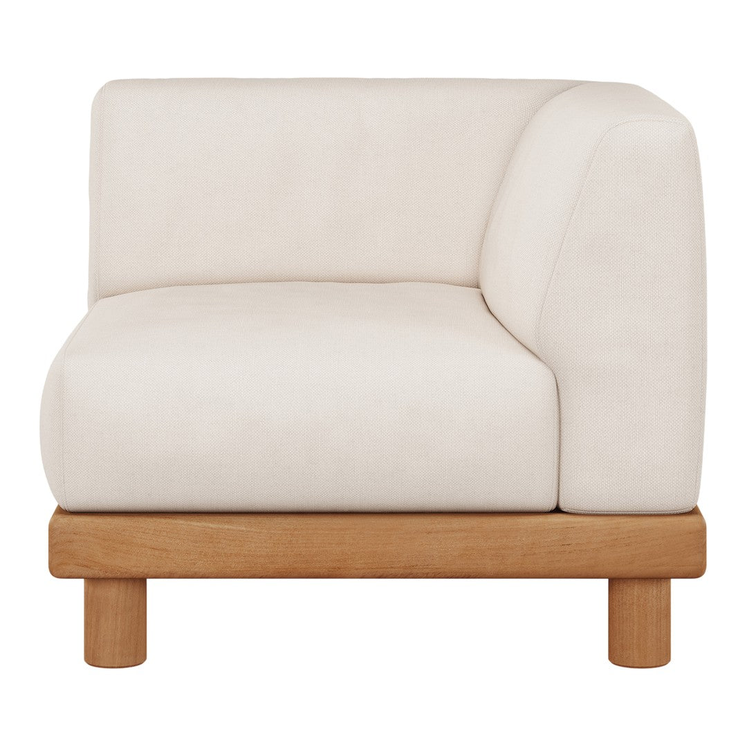 Minimalist cream upholstered armchair with a rounded corner and light wooden base. Perfect for modern decor.