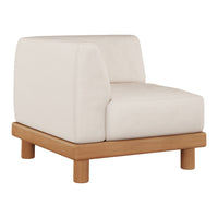 Beige upholstered chair with a smooth, rounded design and natural wood base. Modern, minimalist style.