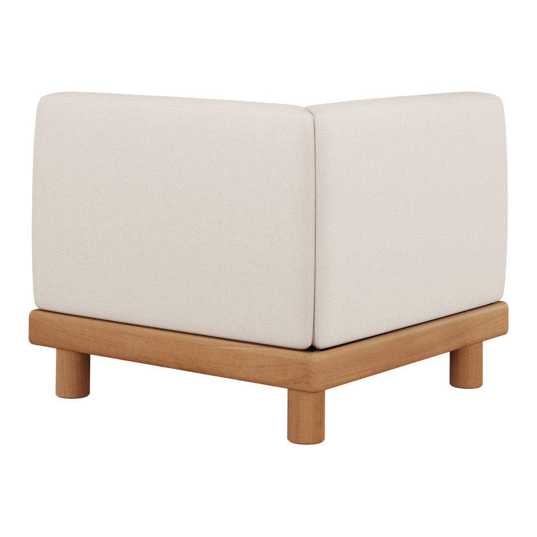 Beige upholstered corner chair with smooth fabric and natural wood legs, perfect for modern decor.