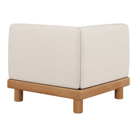 Beige upholstered corner chair with smooth fabric and natural wood legs, perfect for modern decor.