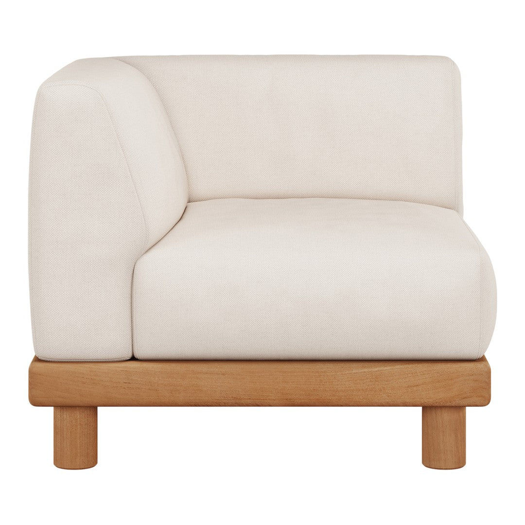 Beige upholstered corner chair with a smooth finish and natural wood legs. Minimalist design for modern decor.