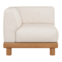 Beige upholstered corner chair with a smooth finish and natural wood legs. Minimalist design for modern decor.