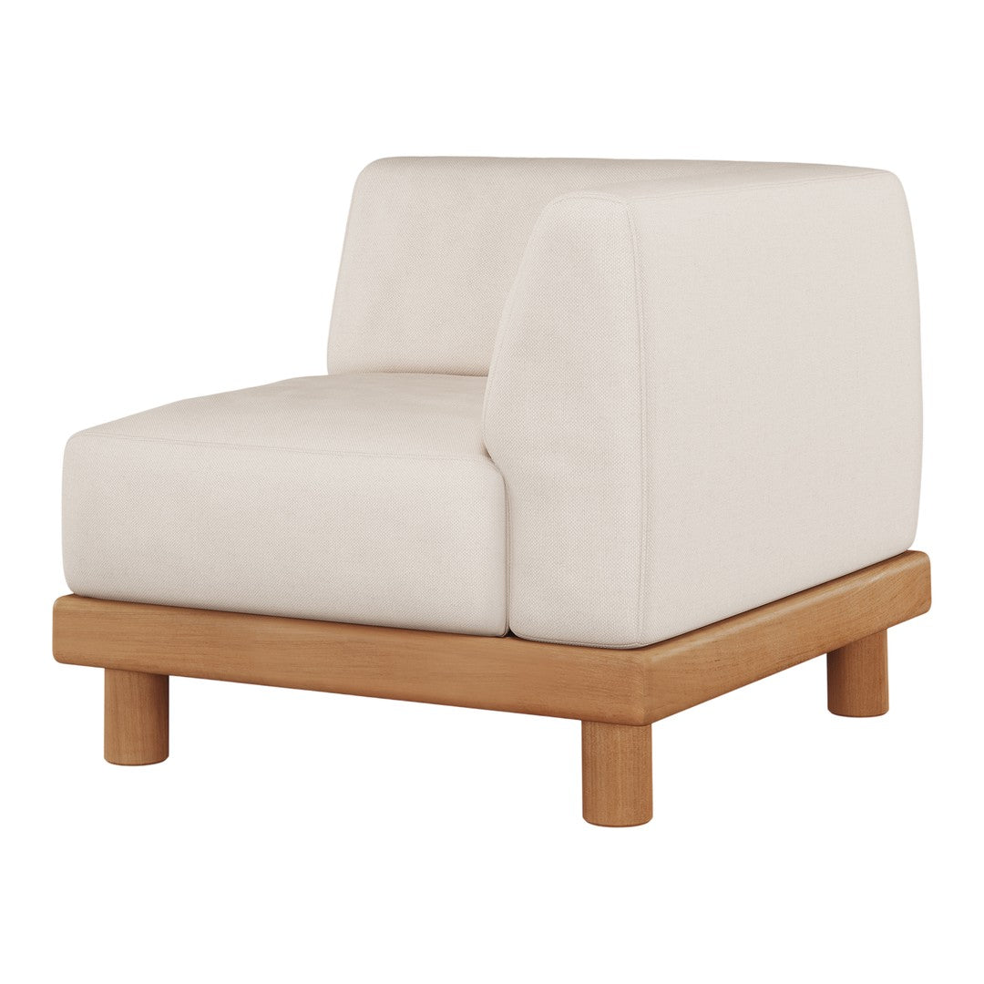 Modern cream armchair with clean lines and wooden base, featuring a minimalist design perfect for contemporary decor.