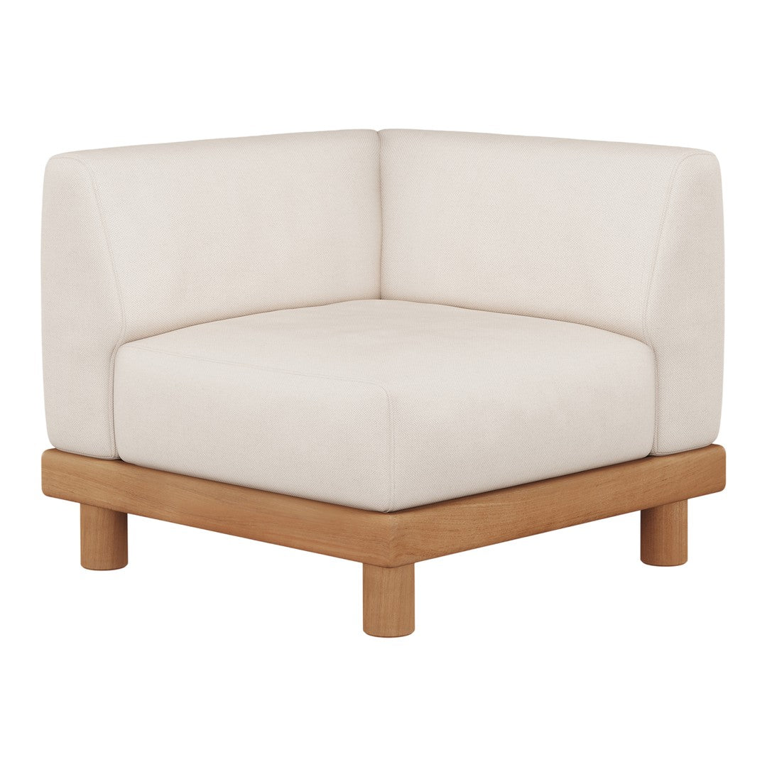 Beige corner sofa with a smooth, minimalist design and natural wood base for a modern, neutral aesthetic.
