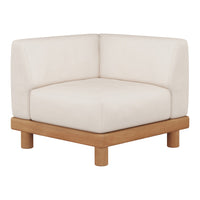 Beige corner sofa with a smooth, minimalist design and natural wood base for a modern, neutral aesthetic.