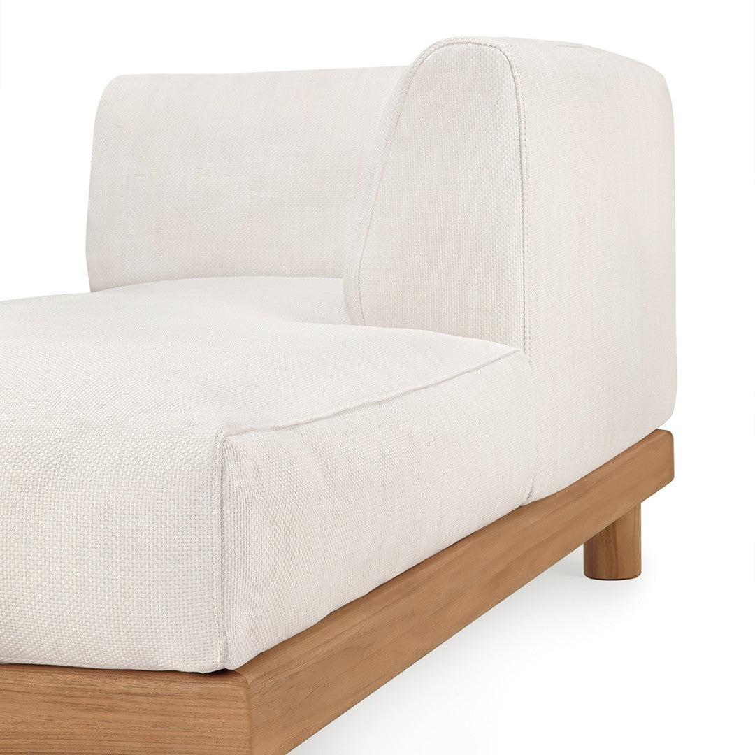 Beige linen upholstery with a smooth, minimalist design, featuring wooden legs for a modern aesthetic.