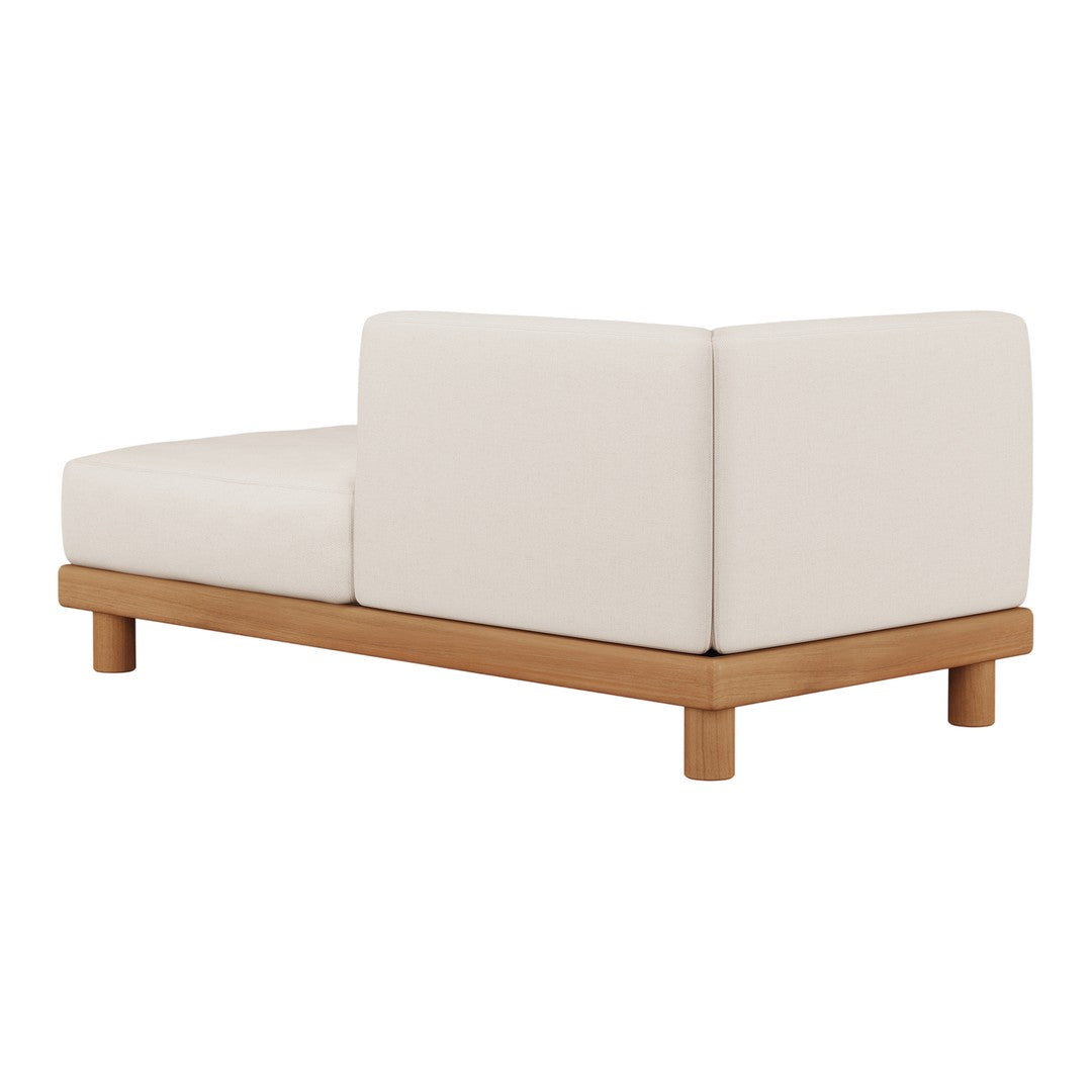 "Modern beige fabric sofa with a light wooden base, showcasing a minimalist design and clean lines."