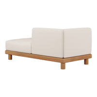 "Modern beige fabric sofa with a light wooden base, showcasing a minimalist design and clean lines."