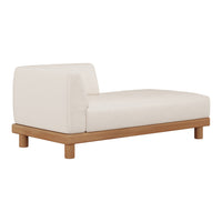 Modern white chaise lounge with minimalistic design and light brown wooden legs. Neutral colors perfect for any decor.