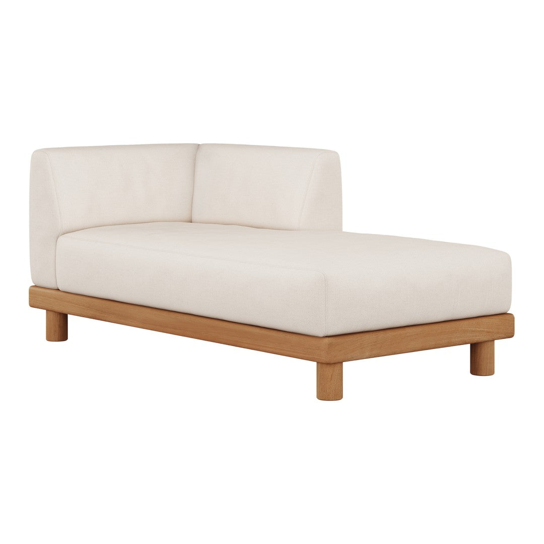 Light beige upholstery with clean lines and a natural wood base. Modern, minimalist design for versatile styling.