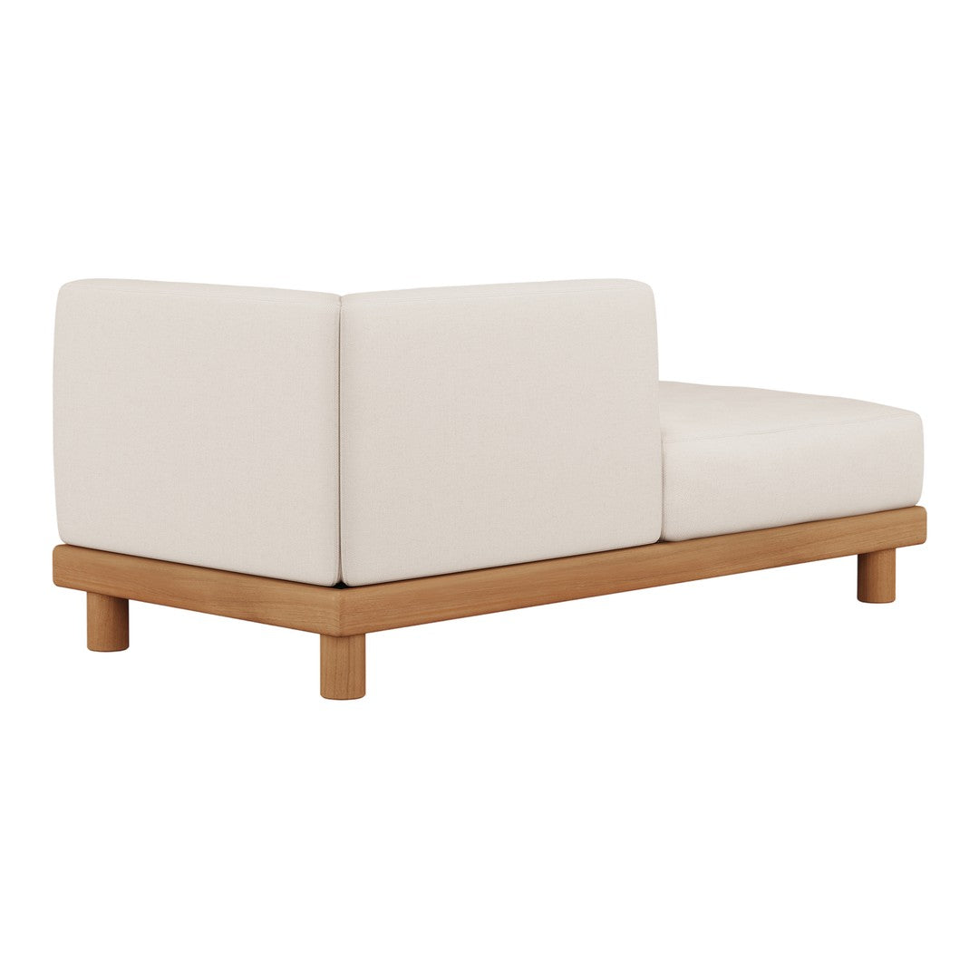 Neutral white fabric modern sofa with a light wood base, featuring clean lines and minimalistic design.