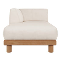Beige upholstered chaise lounge with a minimalist design and light wood base. Soft, modern aesthetic perfect for any space.