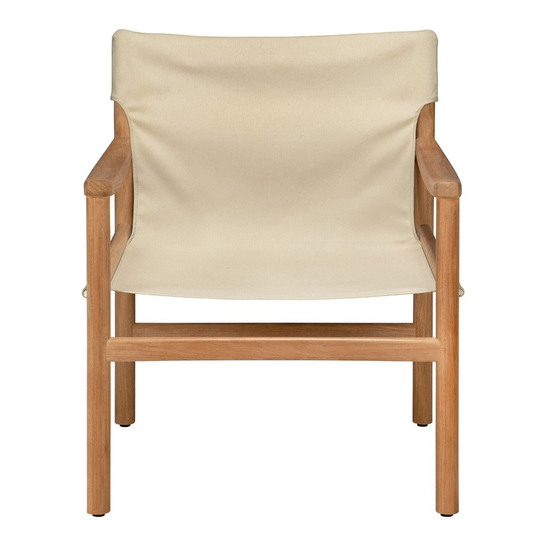 Beige fabric chair with a natural wood frame, featuring a simple and modern design. Perfect for any decor style.