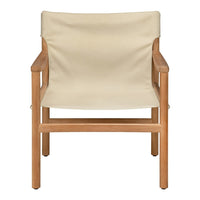 Beige fabric chair with a natural wood frame, featuring a simple and modern design. Perfect for any decor style.
