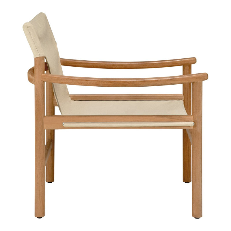 Beige upholstered chair with a natural wood frame, featuring a minimalist design and clean lines. Perfect for modern decor.