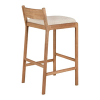 "Natural wood bar stool with a light beige cushioned seat and minimalist design."