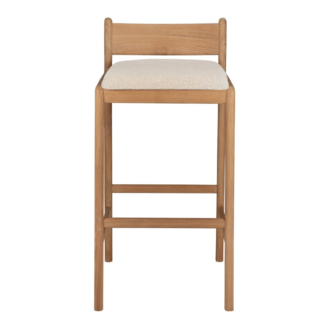 Natural wood bar stool with a light beige cushioned seat, featuring a simple and modern design.