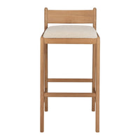 Natural wood bar stool with a light beige cushioned seat, featuring a simple and modern design.