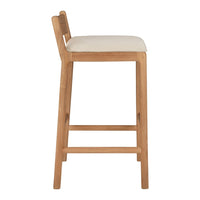 Natural wood bar stool with beige cushion, featuring a simple, modern design and sleek lines.