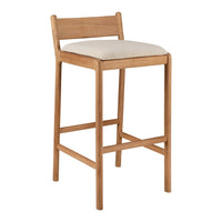 Natural wood bar stool with a beige upholstered seat, featuring a simple and modern design.